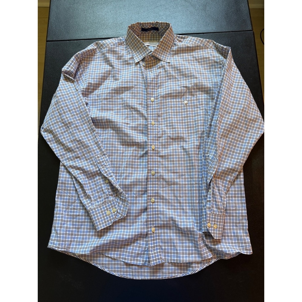 Cotton Brothers Mens Blue Brown Plaid Long Sleeve Button Down Shirt Large OV997